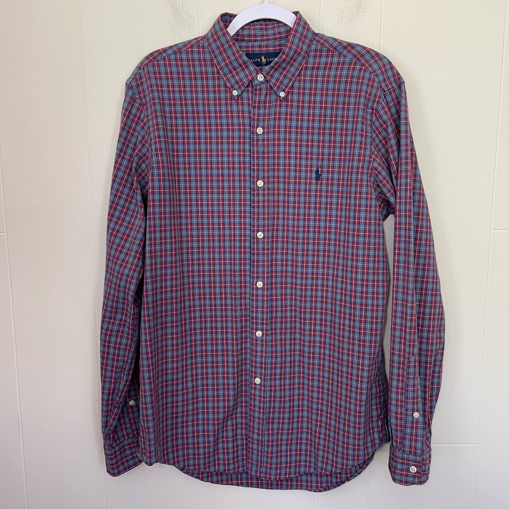 Ralph Lauren Plaid Button Down Shirt Red Blue Academia Preppy Vintage ~ Size M